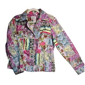 Y2K Artsy Purple Tie Dye Patchwork Print Rose Paisley Jacket Sz Lg Indie #574